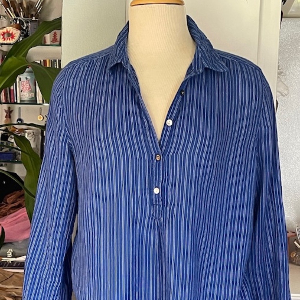 Lucky Brand Breezy Beachy Striped Blue Cotton Long-Sleeve Shirt - Medium